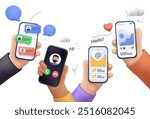 Young People use Smartphones and Surfing in Social Media. Boys and Girls Chatting, Watching Video, Liking Photos. Female and Male Characters Talking in Mobile App. 3D Cartoon Vector Illustration