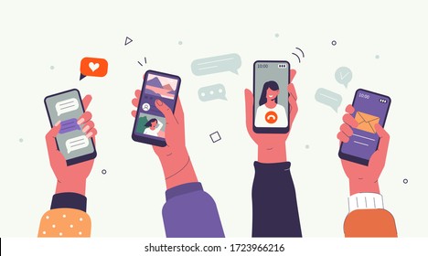 Young People use Smartphones and Surfing in Social Media. Boys and Girls Chatting, Watching Video, Liking Photos. Female and Male Characters Talking in Mobile App. Flat Cartoon Vector Illustration. - Shutterstock ID 1723966216