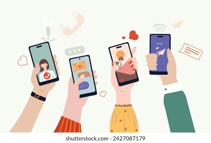 Los jóvenes usan smartphones y navegan en las redes sociales. Me gustan las fotos. Personajes femeninos y masculinos hablando en la aplicación móvil. Chicos y chicas charlando, viendo vídeos. Ilustración de vector plano