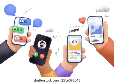 Young People use Smartphones and Surfing in Social Media. Boys and Girls Chatting, Watching Video, Liking Photos. Female and Male Characters Talking in Mobile App. 3D Cartoon Vector Illustration