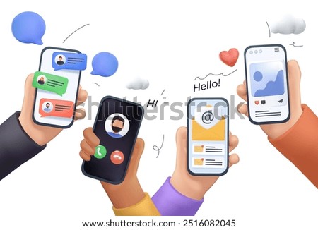 Young People use Smartphones and Surfing in Social Media. Boys and Girls Chatting, Watching Video, Liking Photos. Female and Male Characters Talking in Mobile App. 3D Cartoon Vector Illustration