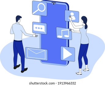 Young people use a smartphone.Surfing in social networks.The versatility of modern gadgets.3D image.Isometric vector illustration.