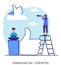 Los jóvenes usan sus laptops y dispositivos móviles para redes sociales y bloguear con grandes íconos en el fondo. Medios sociales y conceptos de marketing. Ilustración vectorial moderna.
