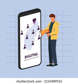 Young people use toa in digital marketing for business network. Flat vector illustration isolated.