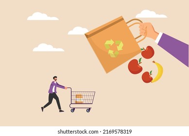 Young people use trolleys to catch fruit from eco friendly packaging. Eco packaging concept. Colored flat vector illustration.