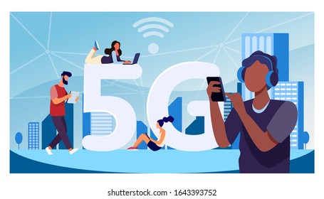 Young people using 5G high speed wireless internet connection. Men and women using digital devices with free city Wi-Fi. Vector illustration for telecom, smart city buildings concept