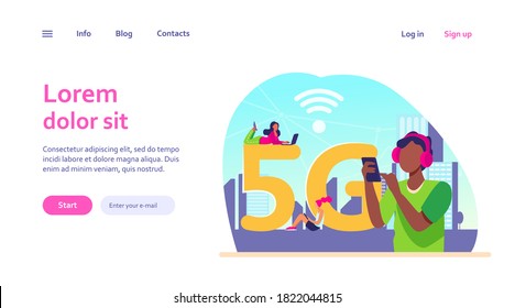 Young people using 5G high speed wireless internet connection. Men and women using digital devices with free city Wi-Fi. Vector illustration for telecom, smart city buildings concept