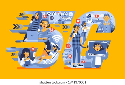 young people using 5G network technology for their need such as video call, accessing internet, uploading video, social media flat vector illustration. used for poster, website image and other