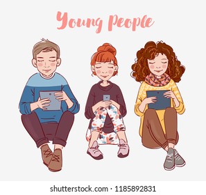 Young people using digital devices. Communication, social media and connection vector concept