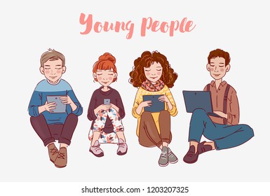Young people using digital devices. Communication, social media and connection vector concept