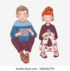 Young people using digital devices. Communication, social media and connection vector concept 