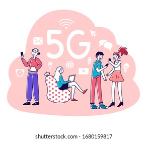 Jóvenes usando dispositivos digitales. Usuarios de teléfonos móviles que disfrutan de conexión inalámbrica a Internet de alta velocidad 5G. Ilustración vectorial para la interacción, telecomunicaciones, red, concepto de tecnología inteligente