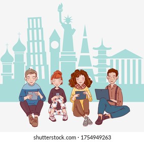 Young people using digital devices. Communication, social media and connection vector concept