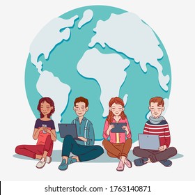 Young people using digital devices. Communication, social media and connection illustration. World map background