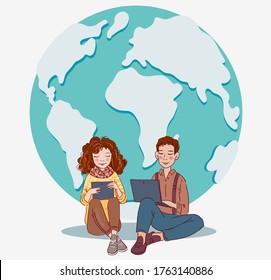 Young people using digital devices. Communication, social media and connection illustration. World map background