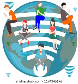 Young people are using electronic communication tools on a blue line lined up on a globe, vector image