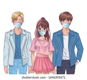 young people using face masks anime characters vector illustration design