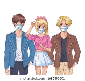 young people using face masks anime characters vector illustration design