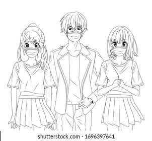 young people using face masks anime characters vector illustration design