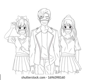 young people using face masks anime characters vector illustration design