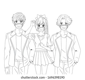 young people using face masks anime characters vector illustration design