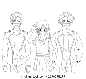 young people using face masks anime characters vector illustration design