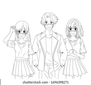 young people using face masks anime characters vector illustration design