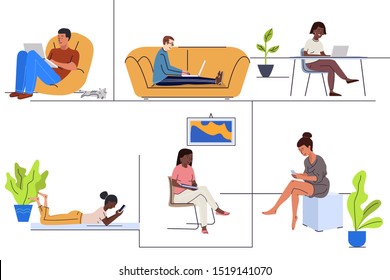 Young people using gadgets at home flat vector illustrations set. Freelancer working remote. Women and men chatting online with smartphones and laptops. Freelance workers cartoon characters