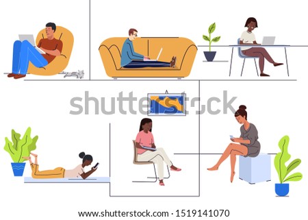 Young people using gadgets at home flat vector illustrations set. Freelancer working remote. Women and men chatting online with smartphones and laptops. Freelance workers cartoon characters