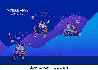 Young people using gadgets such as smartphone, tablet and laptop sitting on graphs and enjoying online services and networks. Gradient line vector illustration of data analytics mobile apps usage Young people using gadgets such as smartphone, tablet and laptop sitting on graphs and enjoying online services and networks. Gradient line vector illustration of data analytics mobile apps usage