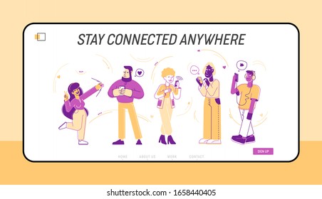 Página Web de Aterrizaje para Jóvenes. Personajes masculinos y femeninos que hablan en el Smartphone, usando el banner de la página web de las aplicaciones de redes sociales. Ilustración de vectores planos de caricatura, arte de línea