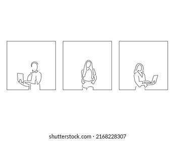 Young people using a laptop in line art drawing style. Composition of three persons. Black linear sketch isolated on white background. Vector illustration design.