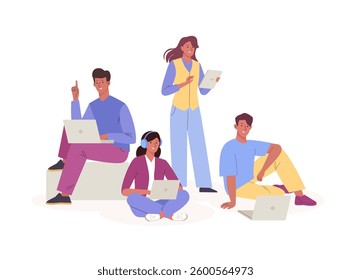 Young people using laptop for work or study. Female and male characters in difference pose. Coworking, teamwork, freelance, online education concept. Cartoon flat design vector illustration