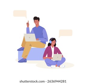 Young people using laptop for work or study. Female and male characters sitting in difference pose. Concept of online education, coworking, teamwork, freelance, search of new idea. Flat cartoon design