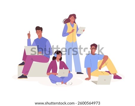 Young people using laptop for work or study. Female and male characters in difference pose. Coworking, teamwork, freelance, online education concept. Cartoon flat design vector illustration