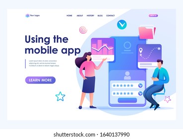 Young people using mobile apps for data analysis. Flat 2D character. Landing page concepts and web design