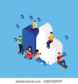 young people using mobile gadgets such as laptop, tablet pc and smartphone for social networking isometric 3d vector illustration concept banner, website, landing page, ads, flyer template