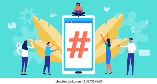 young people using mobile phone, tablet for sending posts and sharing news with friends in social network and mobile communication. Flat vector hashtag symbol on phone screen. follow the trend banner