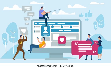 Young People Using Mobile Smartphone for Texting and Leaving Comments in Social Networks. Speech Bubbles for Message and Reply. Guys and Women Sitting on Big Monitor Cartoon Flat Vector Illustration