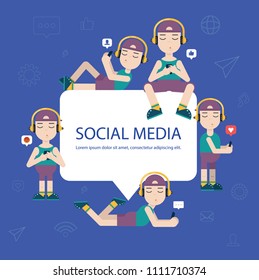 Young people using mobile or social networking and blogging. Vector design.