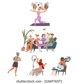 Young people using modern gadgets set. Men and women chatting, making selfie, broadcasting live video cartoon vector illustration