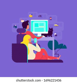 Los jóvenes utilizan el concepto de servicios en línea. Hombre en la computadora y chica con smartphone pide comida en línea, taxi, doctor, ver fotos y leer blogs. Trabajo remoto, oficina doméstica. Ilustración plana vectorial.