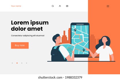 Young people using paper and online map. Location, destination, itinerary flat vector illustration. Navigator, mobile app, guide concept for banner, website design or landing web page