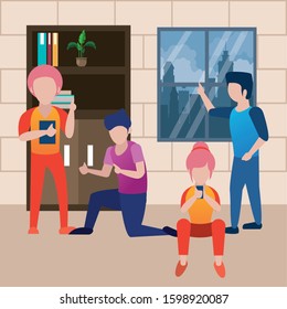 young people using smartphone avatars characters vector illustration design