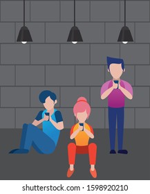 young people using smartphone avatars characters vector illustration design