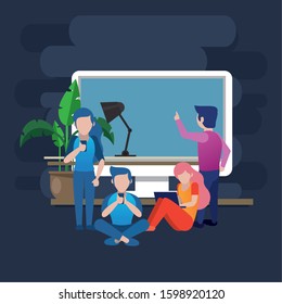 young people using smartphone and laptop characters vector illustration design