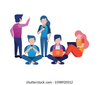 young people using smartphone and laptop characters vector illustration design