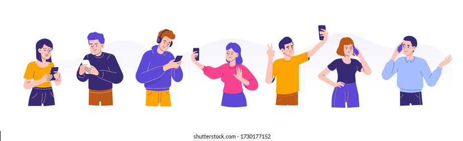 Young people using smartphones concept. Men and women talking, typing, chatting, listening music and taking selfies with phones. Female and male characters collection or set. Flat vector illustration