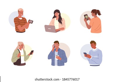 Young People using Smartphones, Laptops and Tablets for Chatting and Conversation. Happy Boys and Girls talking and typing on Phones. Female and Male Characters set. Flat Cartoon Vector Illustration.