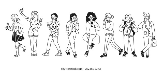 Young people using smartphones linear vector icons set. Characters enjoy modern devices for life simple illustration collection on white